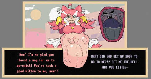 :3 abdominal_bulge accessory angry_eyebrows angry_prey bell bell_accessory belly big_belly big_breasts bodily_fluids breasts bubble clothing cloud digestion_implied dress duo eyebrow_through_hair eyebrows eyelashes fangs female female_pred frilly frilly_clothing frilly_dress furrowed_eyebrows ghost_prey gloves gold_accessory grey_body grey_hair hair hair_accessory handwear heart_necklace holding_face humanoid_pred humanoid_prey implied_fatal inner_ear_fluff internal navel nipple_outline pink_clothing pink_dress pink_hair prey_outline smile stomach_acid sun teeth text translucent translucent_hair tuft unwilling_prey vore white_clothing white_gloves white_handwear endlessnight deltarune undertale_(series) irritable_ghost_(deltarune) mew_mew_(undertale) pink_(deltarune) animal_humanoid cat_humanoid felid felid_humanoid feline feline_humanoid ghost humanoid mammal mammal_humanoid spirit 2026 english_text