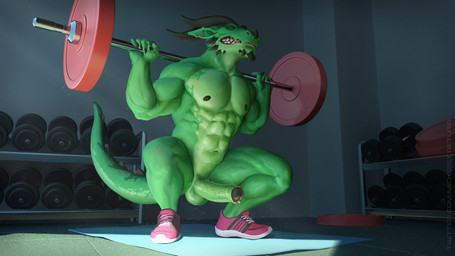abs anthro balls barbell barbell_squats biceps clenched_teeth clothing crouching dumbbell ear_piercing erection exercise eyes_closed footwear foreskin genital_piercing genitals glans green_foreskin green_glans green_penis horn humanoid_genitalia humanoid_penis light male muscular muscular_anthro muscular_male nipples pecs penis penis_piercing piercing prince_albert_piercing shoes solo squats sunlight tail teeth weightlifting weights workout mickey_the_retriever mythology azuazure dragon mythological_creature mythological_scalie scalie 16:9 hi_res widescreen