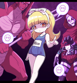 blonde_hair blue_clothing blue_swimwear bodypaint bone cape clothing ear_piercing ear_ring female gesture group hair hand_gesture human_focus looking_at_viewer male melee_weapon not_furry one-piece_swimsuit pale_skin piercing pointing pointing_at_viewer polearm puppet purple_eyes red_body red_cape red_clothing red_hood red_scales ring_piercing scales school_swimsuit skull swimwear trident trio weapon white_ribbon wings yellow_eyes young nollety atlus megami_tensei mythology sega the_lesser_key_of_solomon alice_(megami_tensei) belial_(megami_tensei) nebiros_(megami_tensei) demon dragon human humanoid mammal mythological_creature mythological_scalie scalie winged_humanoid digital_media_(artwork)