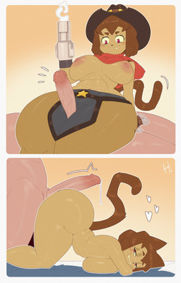anthro breasts brown_hair cowboy cowboy_outfit duo erection female genitals glans gun gun_arm hair handgun male male/female penis ranged_weapon revolver sex tail tan_body thigh_sex throbbing weapon weapon_arm whiskers afelwft gameoverse glitch_productions kit_bodega domestic_cat felid feline felis human mammal comic hi_res