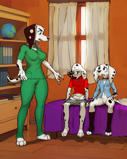 anthro bed bottomless caught clothed clothing female furniture genitals group male on_bed penis sitting sitting_on_bed trio vulva diacordst 101_dalmatian_street 101_dalmatians disney delilah_(101_dalmatians) dolly_(101_dalmatians) dylan_(101_dalmatians) canid canine canis dalmatian domestic_dog mammal 4:5 absurd_res hi_res