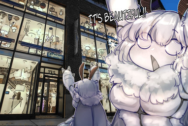 4_arms antennae_(anatomy) anthro back_wings blush breasts featureless_breasts female furniture_lamp hair in_awe kneeling lamp markings medium_breasts modern_architecture multi_arm multi_limb neck_tuft open_mouth outside raised_arms solo sparkles store striped_markings stripes text tuft urban white_body white_eyes white_hair wings warl_granada moth_girl_(warl_granada) arthropod insect lepidopteran moth 2026 absurd_res digital_drawing_(artwork) digital_media_(artwork) english_text hi_res meme