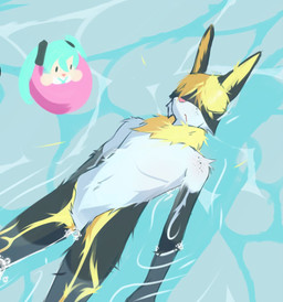 anthro duo female hair hair_over_eyes lying male male/female on_back pool_float swimming_pool water darkplayers vocaloid yamaha_corporation hatsune_miku jojo_husky human lagomorph leporid mammal rabbit hi_res