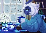 anthro beverage blue_clothing blue_eyes blue_sweater blue_topwear book bookshelf clothed clothed_anthro clothed_female clothing container cup female furniture holding_container holding_cup holding_object holding_tea_cup inside pawpads paws saucer snow snowing sweater table tea tea_cup teapot topwear window winter kuddlykodiak nintendo pokemon chibi_the_absol absol generation_3_pokemon pokemon_(species) 2025 colored digital_drawing_(artwork) digital_media_(artwork) hi_res