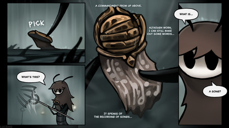 4_panel_comic ambiguous_gender anthro black_eyes black_text dialogue ellipsis empty_eyes holding_object inner_monologue outside question_mark solo sound_effects speech_bubble talking_to_self text thinking white_text lucaniamc hollow_knight:_silksong hollow_knight_(franchise) team_cherry arthropod thread_raker 16:9 comic english_text hi_res widescreen
