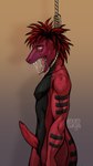 anthro aroused asphyxiation bodily_fluids cyanosis erotic_asphyxiation genitals hanged imminent_death male noose red_body saliva sharp_teeth snuff solo strangling teeth tongue tongue_out violence kolkolukija furx_(character) lizard reptile scalie absurd_res hi_res