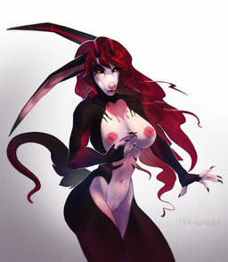anthro black_body black_fur breasts countershade_torso countershading eyelashes fangs female fur hair half-closed_eyes horn long_ears long_hair narrowed_eyes nipples nude red_hair sharp_teeth solo teeth white_eyes teragabba canid canid_demon canine canis demon mammal vampire wolf hi_res