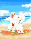 anthro beach beard belly big_belly black_nose clothing detailed_background duo facial_hair fur humanoid_hands kemono male male/male moobs nipples outside overweight overweight_male red_clothing red_speedo red_swimwear seaside speedo surfboard swimwear water white_body white_fur morino8484 bear mammal polar_bear ursine 2022 hi_res