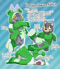 anthro biped blush boots clean_diaper clothed clothing coat costume diaper eyes_closed footwear frog_costume froggy_daycare glistening green_diaper green_raincoat grey_body long_ears open_mouth outline raincoat rubber_boots shoes sleeping solo text topwear wearing_diaper yellow_eyes yellow_sclera sexotheque arthropod bear bovid caprine goat insect lepidopteran mammal moth 2022 absurd_res digital_media_(artwork) english_text full-length_portrait hi_res model_sheet portrait