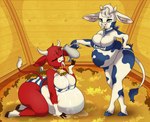 anthro barn bell big_breasts bodily_fluids breasts cheese dairy_products dripping duo female female/female food group horn huge_breasts inflation inflation_fetish intraspecies kerchief kneeling mascot milk red_body resting_on_belly thick_thighs white_body wide_hips pompuffy_(artist) bel_group lactaid lactaid_cow the_laughing_cow bovid bovine cattle mammal