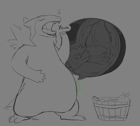 after_vore ambiguous_gender anthro anthro_prey basket belly big_belly container duo eyes_closed feral feral_pred inside_stomach internal open_mouth vore yawn gryphonkatsu nintendo pokemon keahi canid canine canis generation_2_pokemon mammal pokemon_(species) typhlosion wolf 2026 sketch