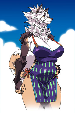 4_breasts 5_fingers anthro breasts brown_body brown_fur claws clothing female fingers fur hair hand_on_belly mouth_closed multi_breast multicolored_body multicolored_fur neck_tuft pregnant pregnant_female purple_eyes sky solo standing tan_body tan_fur tuft white_body white_fur jeej_oh canid canine canis mammal wolf 2:3 hi_res