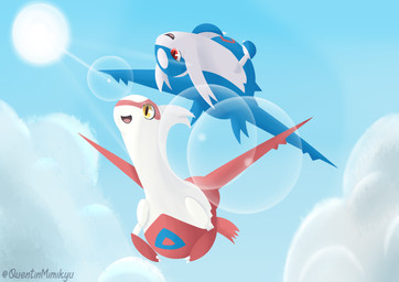 cloud duo female flying male male/female sky sun quentinmimikyu nintendo pokemon generation_3_pokemon latias latios legendary_pokemon pokemon_(species) absurd_res hi_res