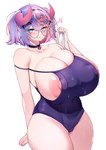 5danny1206 areola areola_slip big_breasts breasts camel_toe clothing eyewear female glasses hi_res horn horned_humanoid huge_breasts humanoid hyper hyper_breasts nipple_slip not_furry one-piece_swimsuit solo swimwear wearing_glasses