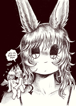 anthro areola bangs black_background bodily_fluids bored breast_squish breasts breasts_frottage collarbone dark_eyelids demon_on_angel dialogue ear_piercing emanata eyelashes feathered_wings feathers female female/female fingering fingering_partner front_view group hair halo heart_symbol industrial_piercing long_hair looking_at_another looking_pleasured membrane_(anatomy) membranous_wings navel nipples nude nude_anthro nude_female obscured_penetration obstructed_eyes open_mouth penetration piercing sex shaking simple_background sitting size_difference slightly_chubby spade_tail speech_bubble squish sweat tail teasing text trio wings hotchickhell angel demon lagomorph leporid mammal rabbit 2026 bust_portrait digital_drawing_(artwork) digital_media_(artwork) english_text hi_res monochrome portrait
