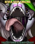 anthro ear_piercing ear_ring eyeshadow female front_view looking_at_viewer machine makeup mouth_shot narrowed_eyes open_mouth piercing pink_tongue purple_eyeshadow ring_piercing sharp_teeth simple_background solo teeth text tongue tongue_out yellow_eyes roobin five_nights_at_freddy's five_nights_at_freddy's:_security_breach scottgames steel_wool_studios roxanne_wolf animatronic canid canine canis mammal robot robot_anthro wolf 2023 artist_name bust_portrait digital_media_(artwork) hi_res portrait