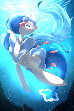 anthro blue_body blue_eyes blue_fin blue_hair blue_tail bubble closed_smile eyelashes female female_anthro flippers hair light light_beam long_hair looking_up mouth_closed pink_nose pupils smile snout solo starfish_(accessory) sunbeam sunlight swimming tail underwater water white_body white_eyelashes white_pupils rumine nintendo pokemon aquatic asterozoan echinoderm generation_7_pokemon mammal pinniped pokemon_(species) primarina starfish 2026 2:3 hi_res lighting shaded