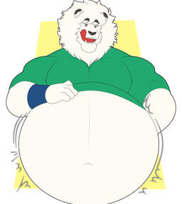 anthro belly big_belly big_muscles blue_wristwear clothing fur green_clothing green_shirt green_topwear hair hand_on_belly licking licking_lips male mane mascot motion_lines musclegut muscular muscular_anthro muscular_male navel open_mouth overweight overweight_anthro overweight_male pecs red_tongue sharp_teeth shirt solo teeth tongue tongue_out topwear weight_gain white_body white_fur white_hair white_mane hidi nippon_professional_baseball saitama_seibu_lions leo_(saitama_seibu_lions) felid lion mammal pantherine absurd_res hi_res
