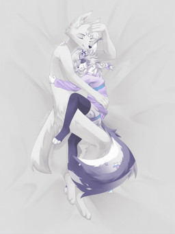 anthro belt clothing duo femboy fluffy fluffy_tail fur hug male pigtails purple_body purple_fur sweater tail topwear white_body white_fur filoubee absurd_res hi_res