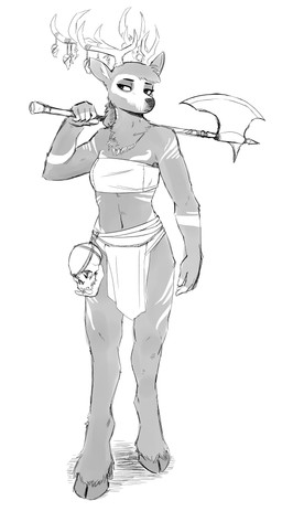 anthro antlers axe bone cloven_hooves exposure_variation female hooves horn jewelry markings melee_weapon navel necklace simple_background skull solo tribal tribal_markings unguligrade weapon the-minuscule-task deer mammal absurd_res digital_media_(artwork) hi_res monochrome shaded sketch