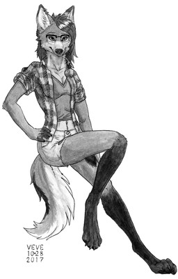 4_toes anthro arm_tuft barefoot biped black_pawpads bottomwear cheek_tuft claws clothing digitigrade dipstick_ears ear_markings ear_piercing ear_ring elbow_tuft eyewear facial_tuft feet female fluffy fluffy_tail glasses hand_on_hip inner_ear_fluff leg_markings looking_at_viewer markings multicolored_ears neck_tuft pawpads paws piercing rectangular_glasses ring_piercing socks_(marking) solo tail toes topwear tuft skyelegs canid canine mammal maned_wolf 2017 black_and_white dated monochrome signature