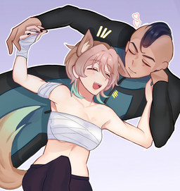 4_ears animal_ears bandage bandaged_arm bandaged_chest bandaged_hand clothing cute_fangs duo eyes_closed fangs female male male/female mohawk multi_ear romantic teeth uniform uniformed_male virtualwingss ikatto mohawk_mark canid canine canis humanoid hybrid mammal viltrumite wolf absurd_res hi_res