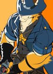 abs anthro barrel_(live_a_hero) canid canine canis clothing countershading cowboy cowboy_hat dingding_(artist) fingerless_gloves gloves gun handwear hat headgear headwear hi_res lifewonders live_a_hero male mammal muscular muscular_anthro muscular_male pecs ranged_weapon solo superhero weapon wolf