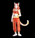 absurd_res alpha_channel anthro biped birb_cafe blush bottomwear cass_(birb_cafe) clothed clothing collar digital_media_(artwork) domestic_cat felid feline felis female fur hair heterochromia hi_res kasscabel mammal orange_hair smile solo stripes white_body white_fur