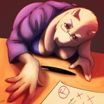 1:1 2024 anthro boss_monster_(undertale) bovid breasts caprine cleavage clothed clothing conditional_dnp deltarune down_blouse eyewear female fur glasses goat hi_res horn komm64 leaning leaning_forward looking_at_viewer mammal mature_female pen solo toriel undertale_(series) white_body white_fur