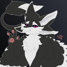 3_fingers 4_ears anthro big_ears black_background black_body black_claws black_feathers black_fur black_hair black_sclera black_tail cheek_tuft chest_tuft claws closed_smile countershade_face countershade_fur countershading facial_tuft fangs feathered_arms feathered_wings feathers finger_claws fingers fluffy front_view fur gesture gradient_background grey_background hair hand_gesture head_tuft logo looking_at_viewer male male_anthro mouth_closed multi_ear multicolored_body multicolored_feathers multicolored_fur narrowed_eyes nude nude_anthro nude_male outline pawpads paws pink_pawpads purple_eyes simple_background smile smiling_at_viewer smug solo tail teeth text tuft tufted_fur waving waving_at_viewer white_body white_feathers white_fur white_wings winged_arms wings asmodeus29 fyr_(fenrir784) avali avian bird 1:1 2026 absurd_res artist_logo artist_name bust_portrait colored digital_drawing_(artwork) digital_media_(artwork) english_text flat_colors hi_res portrait signature watermark maleherm_(lore)