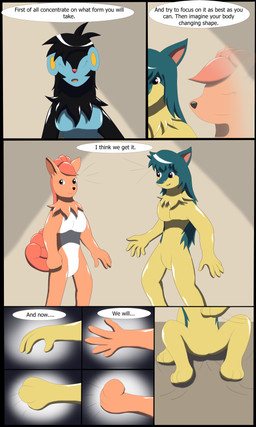 anthro anthro_to_feral biped black_body black_hair blue_body breasts dialogue eyes_closed featureless_breasts featureless_crotch female female_anthro fingers green_hair group hair male male_anthro motion_lines multi_tail nude open_mouth orange_hair paws simple_background sitting sitting_on_ground smile standing tail text transformation trio white_body yellow_body wolferion nintendo pokemon cindy_(swack16) kirara_(swack16) lina_(swack16) generation_1_pokemon generation_2_pokemon generation_4_pokemon luxray pokemon_(species) quilava vulpix 2015 3:5 absurd_res colored comic english_text hi_res