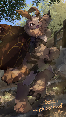 4_arms 5_fingers antennae_(anatomy) anthro arthropod_abdomen black_body black_claws black_sclera black_skin blush brown_body brown_fur claws detailed_background digitigrade fingers flesh_fang forest fur gesture hand_gesture insect_wings kintsugi_(art) lepidopteran_wings looking_at_viewer multi_arm multi_limb neck_tuft open_mouth plant pointing smile striped_body striped_fur stripes tree tuft white_eyes wings nullma floof_(binaryfloof) arthropod insect lepidopteran moth absurd_res hi_res