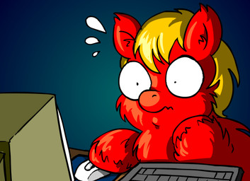 ambiguous_feral ambiguous_gender blonde_hair bodily_fluids computer computer_keyboard computer_mouse constricted_pupils electronics feral flying_sweatdrops fur gradient_background hair holding_object hooves looking_at_object pupils red_body red_fur simple_background small_pupils solo surprised sweat sweatdrop young young_ambiguous young_feral marcusmaximus fluffy_pony fluffy_pony_(species) mammal digital_media_(artwork) english_description shaded