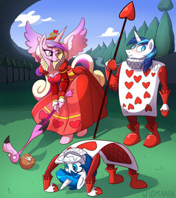 anthro blue_eyes blue_hair blush breasts card cleavage clothed clothing croquet crown dress eyebrows female garden group hair headgear heart_symbol horn looking_away male melee_weapon military one_eye_closed outside playing_card polearm red_clothing red_dress soldier spear ten_of_hearts tiara trio two_of_hearts warrior weapon wings wigmania alice_in_wonderland friendship_is_magic hasbro my_little_pony mythology fan_character feathertrap_(oc) princess_cadance_(mlp) shining_armor_(mlp) avian bird equid equine eulipotyphlan flamingo hedgehog living_card mammal mythological_creature mythological_equine winged_unicorn absurd_res hi_res