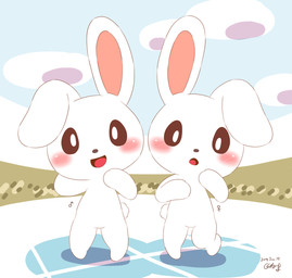 ambiguous_gender blush brown_eyes chibi duo gender_symbol looking_at_viewer nude open_mouth outside shadow symbol white_body zeru_(ma) lagomorph leporid mammal rabbit hi_res signature