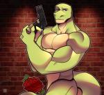 anthro biceps brick_wall brown_eyes flower green_body green_skin gun male muscular muscular_anthro muscular_male nude pecs plant ranged_weapon rose_(flower) solo wall_(structure) weapon tehbluebubble youtube spoctor_theory lizard reptile scalie