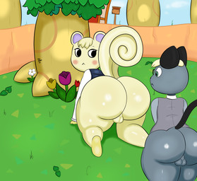 anthro balls big_butt blonde_hair blue_clothing blue_jacket blue_topwear butt butt_focus clothing duo femboy genitals grey_body hair jacket male male/male nude shirt tail topwear yellow_body jonsc animal_crossing nintendo marshal_(animal_crossing) raymond_(animal_crossing) domestic_cat felid feline felis humanoid mammal rodent sciurid tree_squirrel hi_res