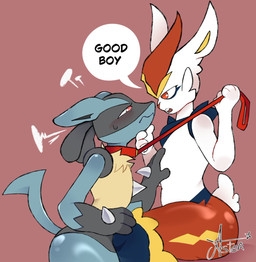 anthro bodily_fluids collar dialogue dominant dominant_male duo femboy leash leash_pull male male/male red_background red_eyes simple_background submissive submissive_male sweat sweatdrop tail text starlit_aster nintendo pokemon canid canine canis cinderace generation_4_pokemon generation_8_pokemon lagomorph leporid lucario mammal pokemon_(species) rabbit wolf english_text hi_res