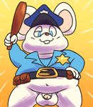 anthro balls belly belt blue_eyes bottomless bottomless_male buckteeth clothed clothing flaccid fur genitals hat headgear headwear male navel overweight penis police police_uniform solo teeth uniform white_body white_fur mincheeto mappy mappy_(character) mammal mouse murid murine rodent