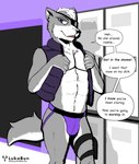 clothing dialogue dominant jockstrap locker_room male text topwear underwear vest lukabun nintendo star_fox wolf_o'donnell canid canine canis mammal wolf absurd_res english_text hi_res