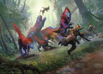 ambiguous_gender armor blue_body claws day detailed_background dutch_angle feathers female feral flying forest grass group headgear helmet humanoid_pointy_ears jungle lying male on_front open_mouth outside plant pointy_ears red_body red_feathers running sharp_teeth size_difference tail teeth tree joshua_cairos hasbro magic:_the_gathering wizards_of_the_coast dinosaur equid equine feathered_dinosaur feathered_scalie horse human humanoid mammal prehistoric_species reptile saurischian scalie theropod vampire 2023 official_art