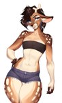 ambiguous_gender anthro antlers bandeau black_clothing black_topwear black_tube_top blue_bottomwear blue_clothing blue_eyes blue_shorts bottomwear brown_body brown_fur brown_hair clothing deer_ears denim denim_bottomwear denim_clothing denim_shorts fur hair horn looking_at_viewer looking_back navel shorts simple_background solo topwear tube_top white_background aridolena broken_sky arthemis_(broken_sky) deer mammal absurd_res hi_res