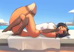 anthro black_hair breasts cleavage clothed clothing dipstick_tail electronics female fluffy fluffy_tail gloves_(marking) hair headphones highleg leg_markings looking_at_viewer lying markings multicolored_tail on_back on_towel one-piece_swimsuit outside sky socks_(marking) solo sunbathing swimming_pool swimwear tail tail_markings towel water woadedfox roza_(woadedfox) canid canine fox mammal absurd_res hi_res