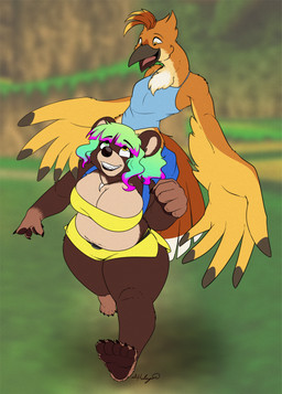 5_toes anthro backpack barefoot beak big_breasts blurred_background bottomwear breasts brown_body brown_fur cleavage clothed clothing cosplay duo feathers feet female fur looking_down looking_up outside pawpads running shorts smile toes halcy0n banjo-kazooie rareware banjo_(banjo-kazooie) kazooie avian bear mammal 2026 hi_res