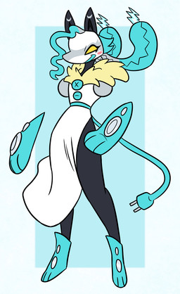 3_fingers 3_toes anthro black_ears blue_body blue_mouth blush clothing cord dress facial_markings feet female fingers floating_hands fur hand_on_hip head_markings machine markings mask_(marking) solo toes white_body yellow_body yellow_fur yellow_sclera nerdyreindeer deltarune nintendo pokemon undertale_(series) tasque_manager generation_9_pokemon mega_lucario_z pokemon_(species) robot 2025 hi_res