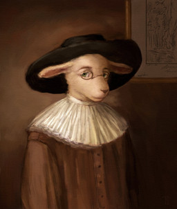 anthro clothing ears_down eyebrows eyewear fur glasses green_eyes hat headgear headwear inside looking_at_viewer male pivoted_ears renaissance_clothing solo wearing_glasses wearing_hat white_body white_fur reynard_goodfellow bovid caprine goat mammal english_description hi_res inspired_by_formal_art portrait