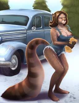 anthro areola areola_slip biped breasts brown_hair car car_wash clothing female hair motor_vehicle nipples one_breast_out overalls overalls_only plant pose shirtless solo sponge standing tail tree vehicle vintage_car wardrobe_malfunction wood mistresssparkles pink_pepper janis_(mistresssparkles) civet mammal viverrid pinup