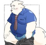 anthro blush bottomwear clothing kemono male necktie overweight overweight_male pants shirt simple_background solo topwear underwear undressing inunoshippo canid canine canis domestic_dog mammal 2024 hi_res