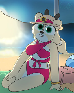 anthro antlers ball basket beach beach_ball beach_towel beach_umbrella bikini bracelet breasts clothing cloud container curly_hair ears_through_headwear eyelashes female flower fur glistening green_eyes hair hat headgear headwear horizon horn inflatable jewelry kneeling lips long_hair looking_at_viewer parasol plant ponytail reflection resting sea seaside smile solo storm swimwear tied_bikini topwear towel two-piece_swimsuit under_boob water water_reflection white_body white_fur wind yellow_bikini yellow_body yellow_clothing yellow_fur yellow_swimwear guak mia_miller_(guak) deer humanoid mammal 4:5 absurd_res hi_res