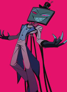 bow_tie clothed clothing electronics for_a_head hat headgear headwear male not_furry red_background screen screen_face sharp_teeth simple_background solo suit teeth television top_hat enaic31 hazbin_hotel hellaverse vox_(hazbin_hotel) demon demon_humanoid humanoid object_head screen_head tv_head absurd_res hi_res